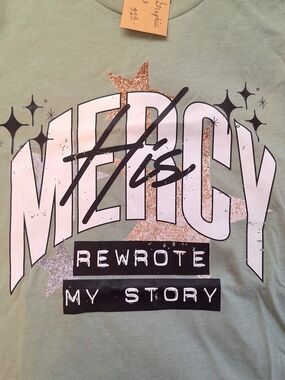 NWT Graphic "Mercy" Tee in Sage Green with Glitter Stars Size Small